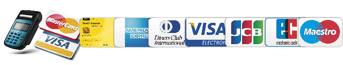 Mastercard, Visa, Amexco, Diners Club, JCB, Maestrocard, Postcard,